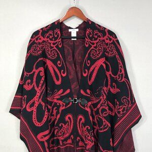 Croft & Barrow Cape Women's L/XL Red Black Paisley Button Front Poncho Sweater
